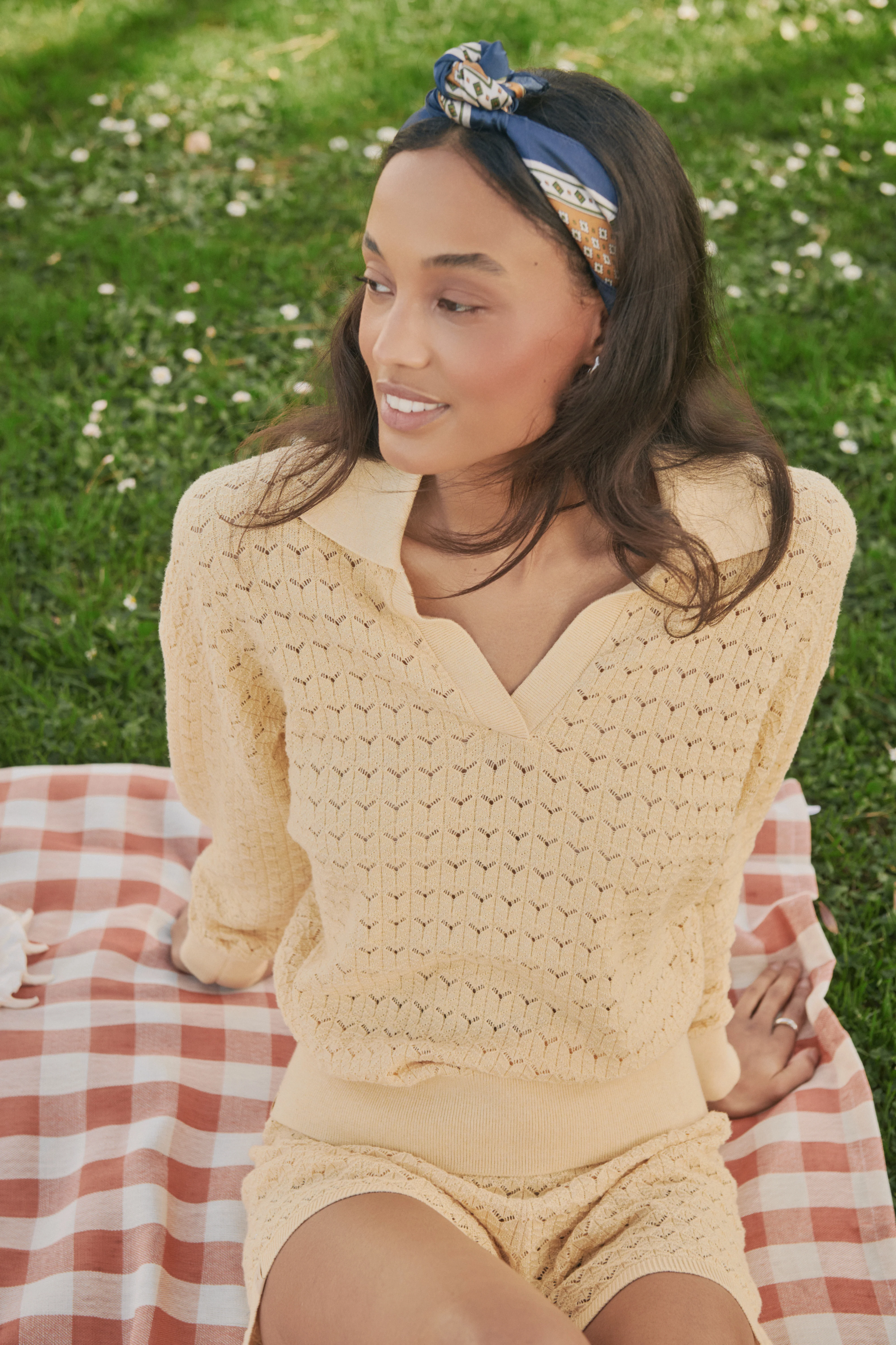 Heathered Cotton Tulip Pointelle Collared Pullover - Image 13