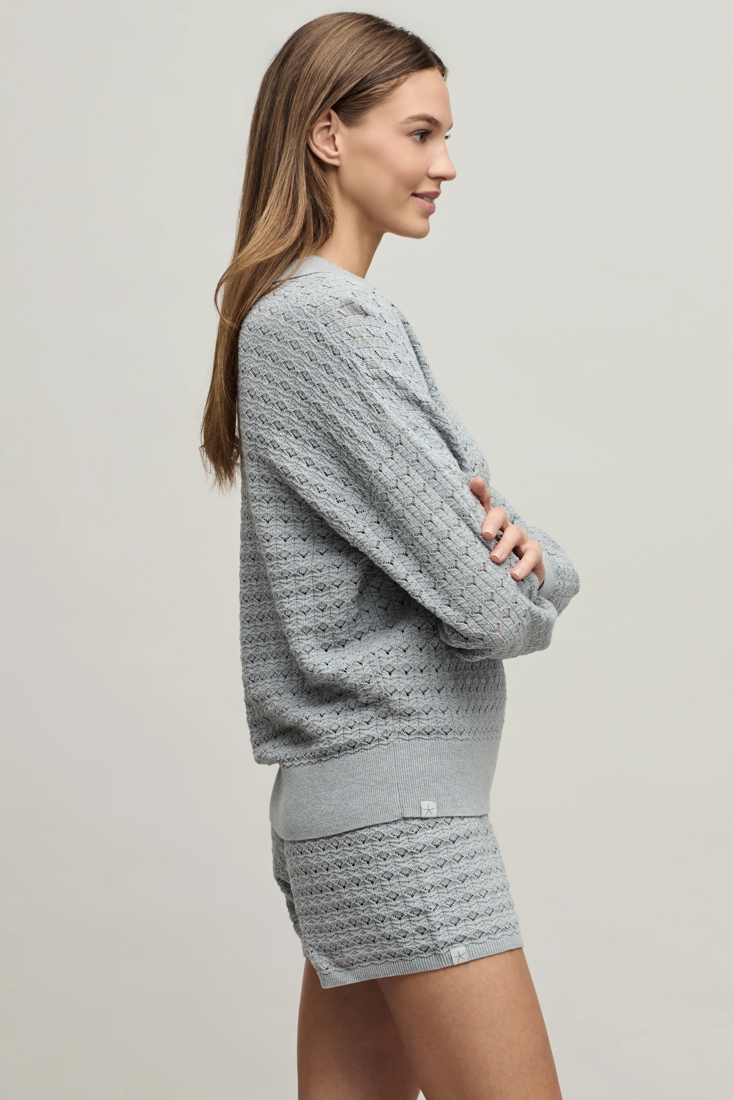 Heathered Cotton Tulip Pointelle Collared Pullover - Image 5
