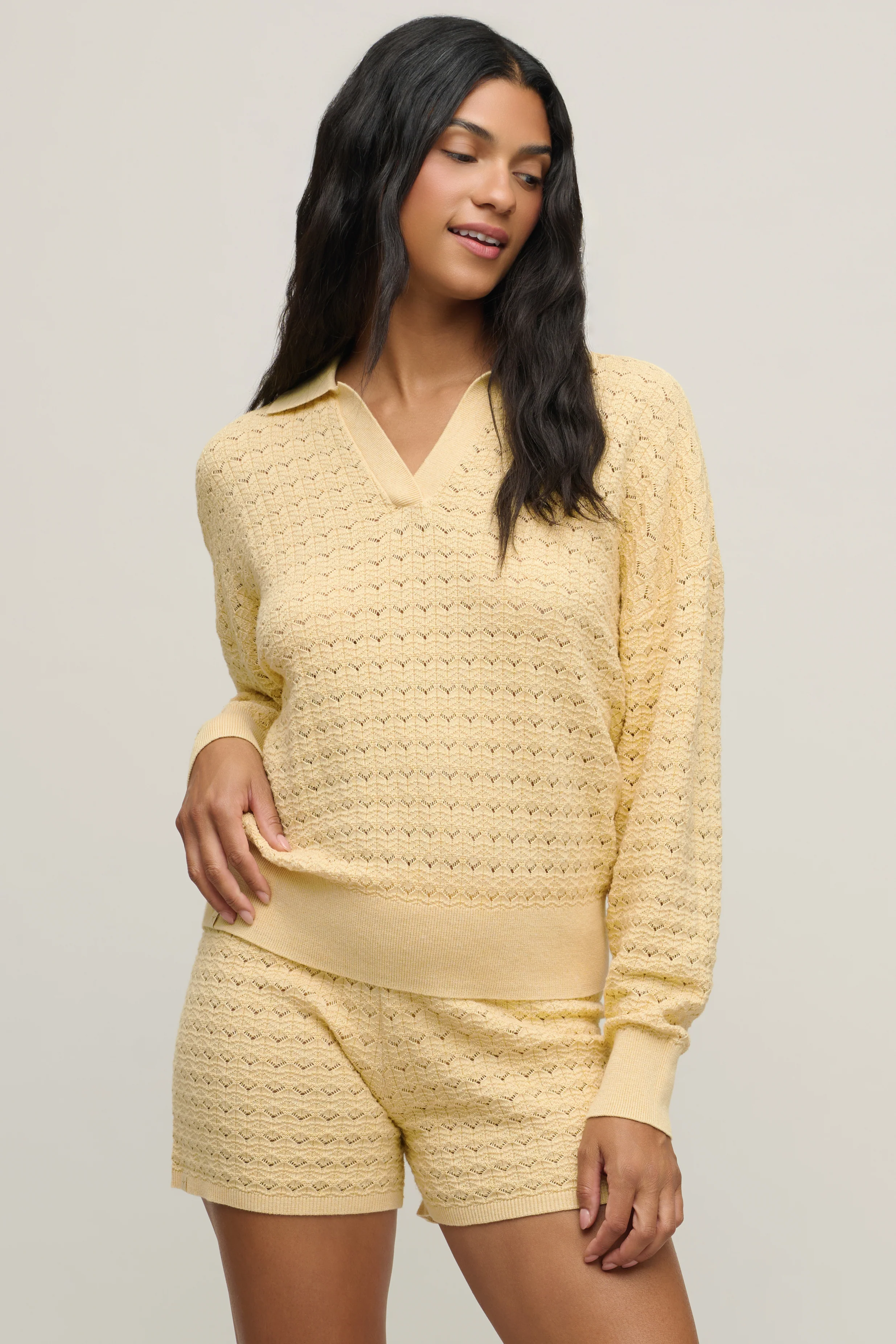 Heathered Cotton Tulip Pointelle Collared Pullover - Image 8